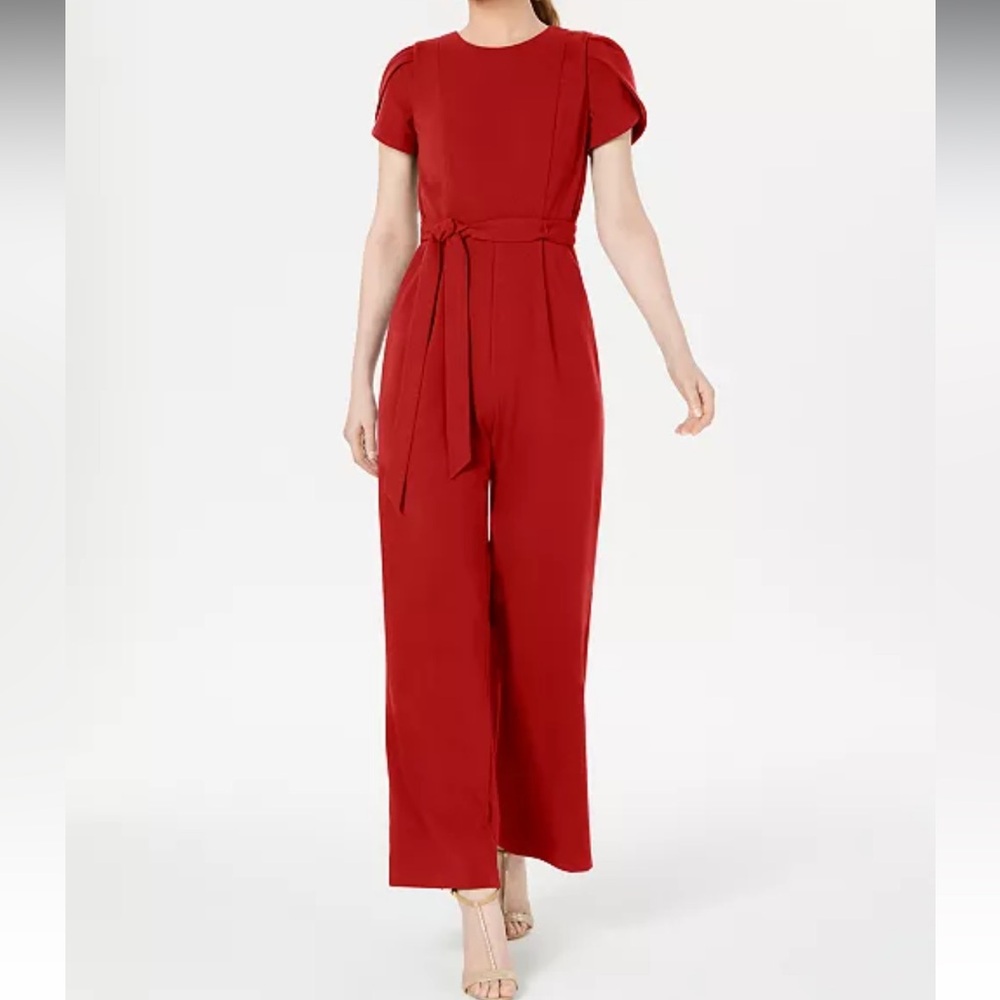 Red Calvin Klein Belted Puff-Sleeve Jumpsuit, Size 4